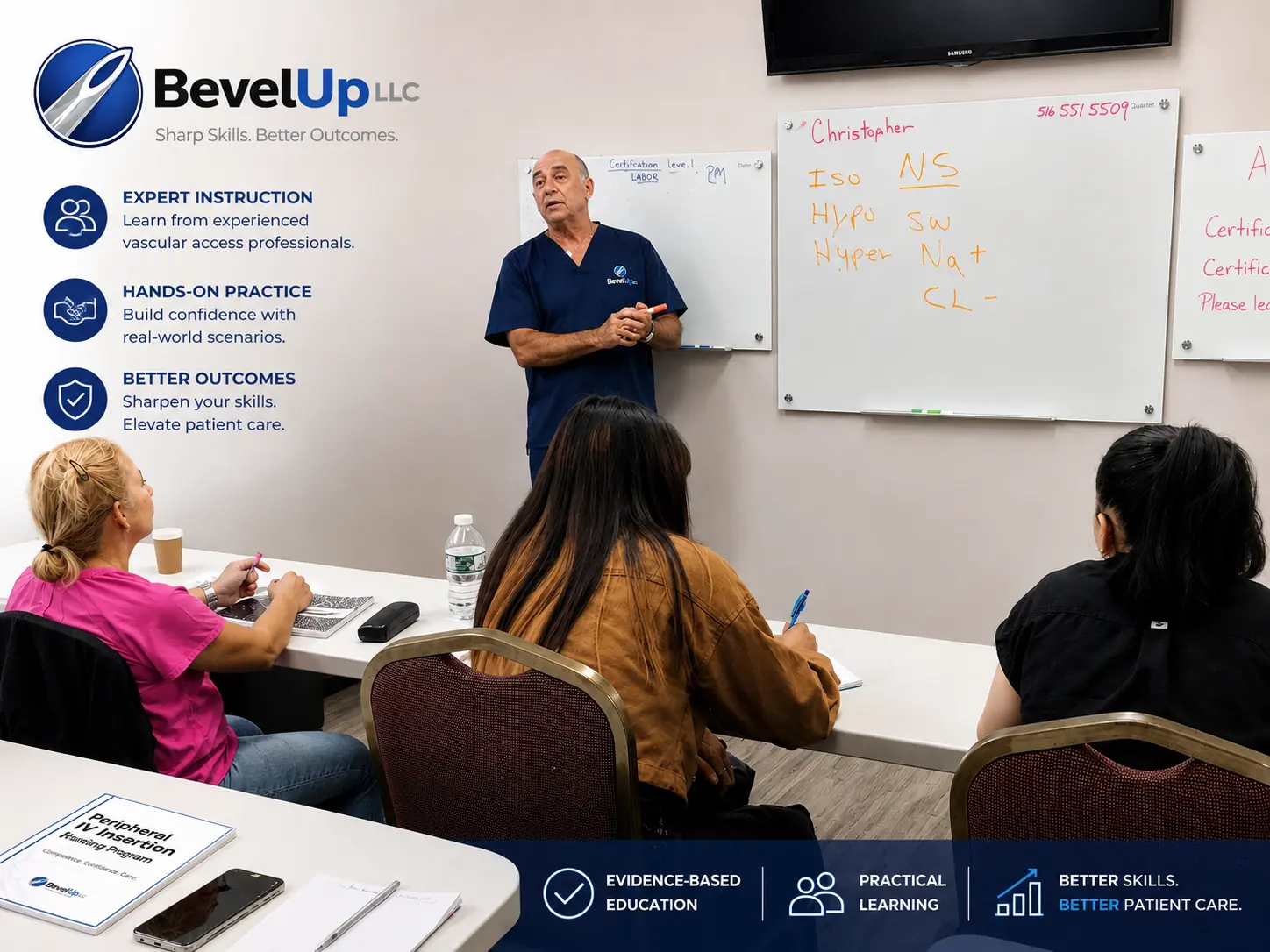 A BevelUp Training class in session: expert instruction from experienced vascular access professionals, hands-on practice with real-world scenarios, and a focus on better patient outcomes.